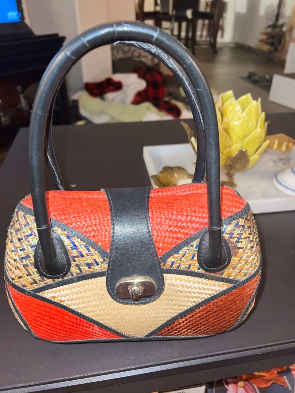 Vintage Woven Straw Accent Satchel - Red, Tan & Black - Picture 7 of 7